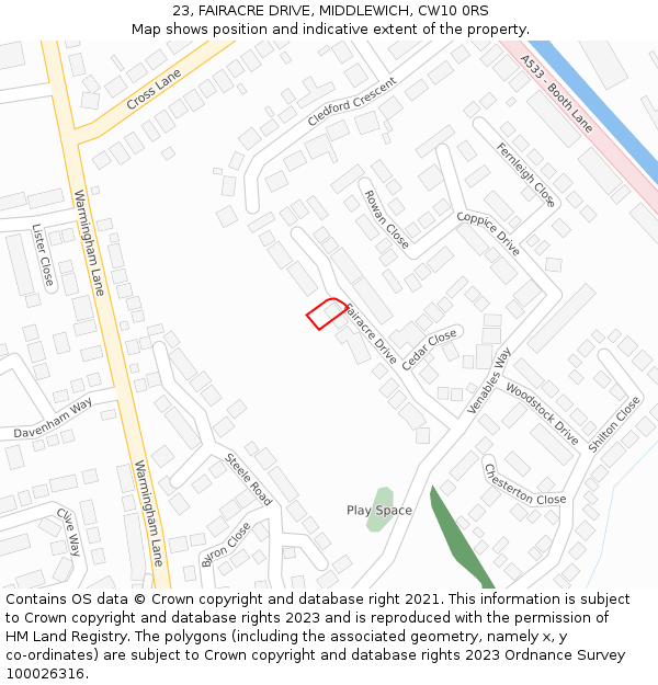 23, FAIRACRE DRIVE, MIDDLEWICH, CW10 0RS: Location map and indicative extent of plot