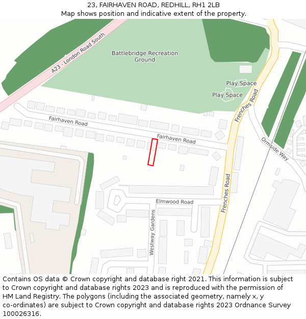 23, FAIRHAVEN ROAD, REDHILL, RH1 2LB: Location map and indicative extent of plot