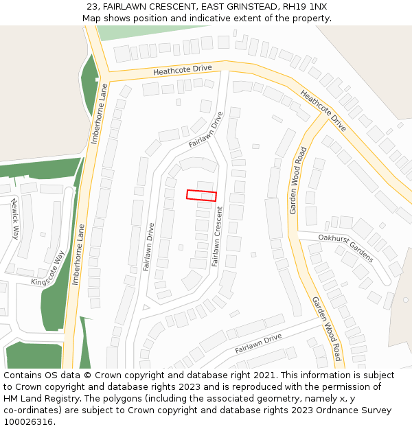 23, FAIRLAWN CRESCENT, EAST GRINSTEAD, RH19 1NX: Location map and indicative extent of plot