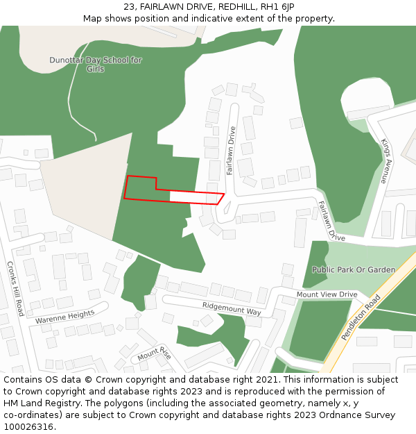 23, FAIRLAWN DRIVE, REDHILL, RH1 6JP: Location map and indicative extent of plot