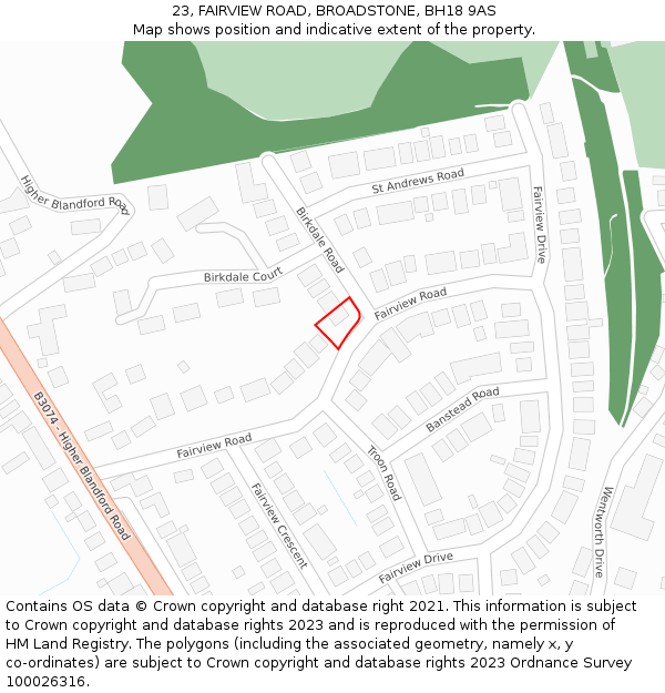 23, FAIRVIEW ROAD, BROADSTONE, BH18 9AS: Location map and indicative extent of plot