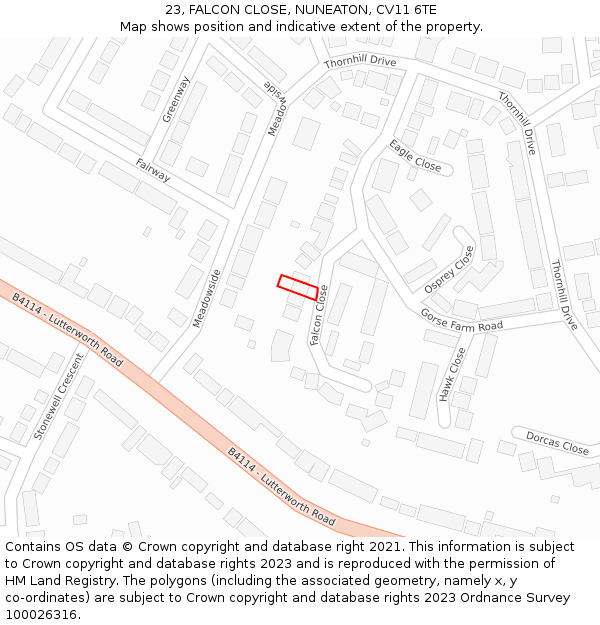 23, FALCON CLOSE, NUNEATON, CV11 6TE: Location map and indicative extent of plot