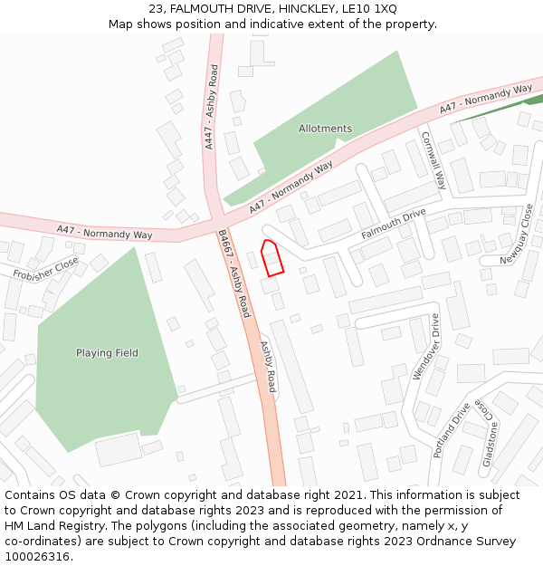 23, FALMOUTH DRIVE, HINCKLEY, LE10 1XQ: Location map and indicative extent of plot