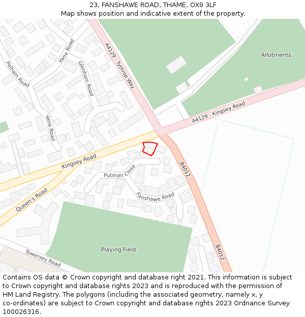 23, FANSHAWE ROAD, THAME, OX9 3LF: Location map and indicative extent of plot