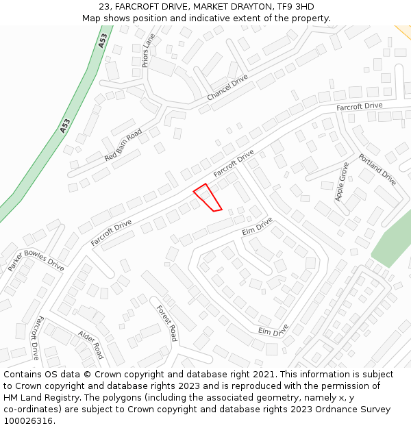 23, FARCROFT DRIVE, MARKET DRAYTON, TF9 3HD: Location map and indicative extent of plot