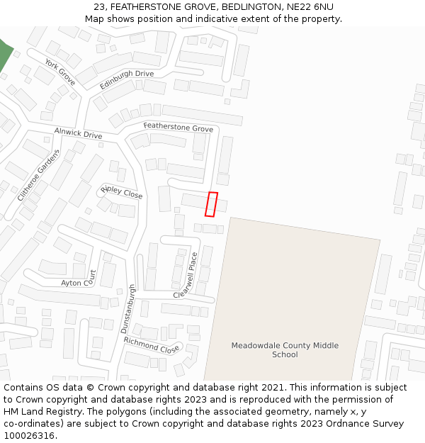 23, FEATHERSTONE GROVE, BEDLINGTON, NE22 6NU: Location map and indicative extent of plot