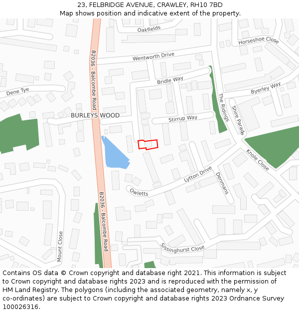23, FELBRIDGE AVENUE, CRAWLEY, RH10 7BD: Location map and indicative extent of plot