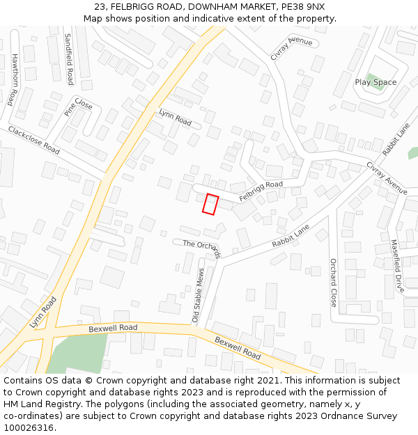 23, FELBRIGG ROAD, DOWNHAM MARKET, PE38 9NX: Location map and indicative extent of plot