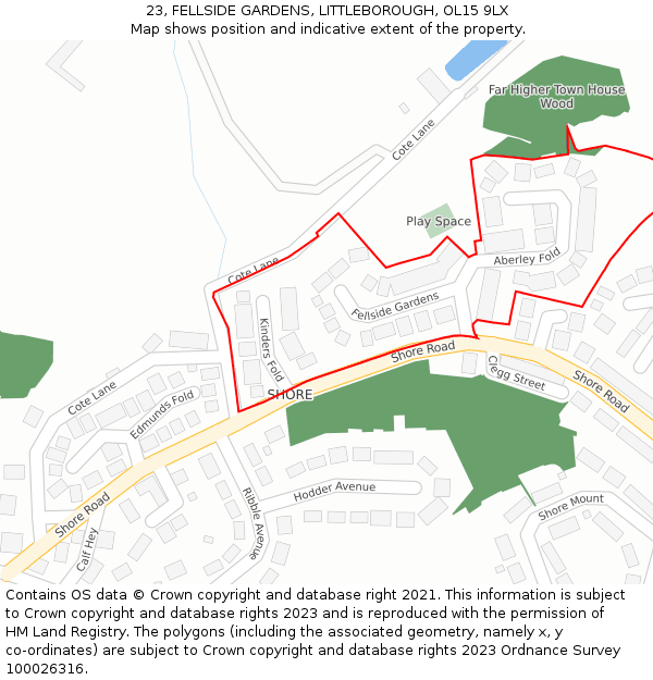 23, FELLSIDE GARDENS, LITTLEBOROUGH, OL15 9LX: Location map and indicative extent of plot