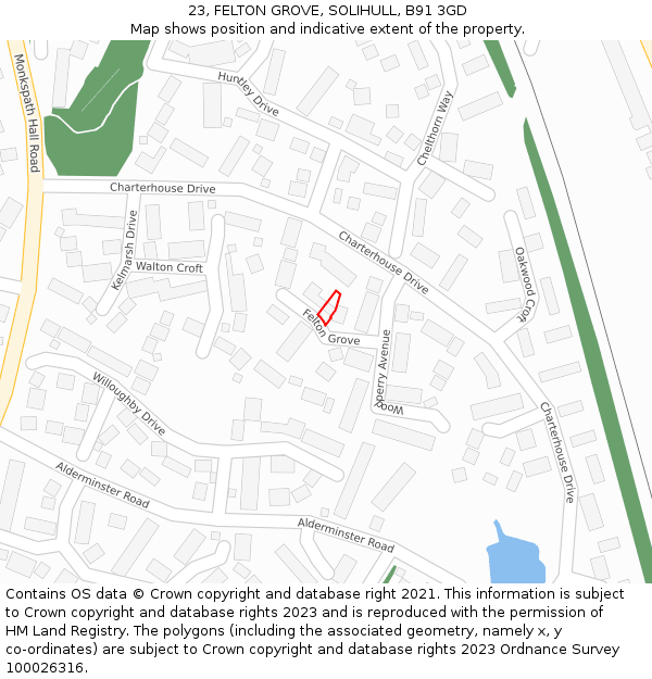 23, FELTON GROVE, SOLIHULL, B91 3GD: Location map and indicative extent of plot