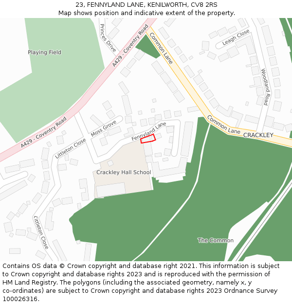 23, FENNYLAND LANE, KENILWORTH, CV8 2RS: Location map and indicative extent of plot