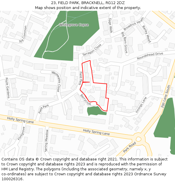 23, FIELD PARK, BRACKNELL, RG12 2DZ: Location map and indicative extent of plot