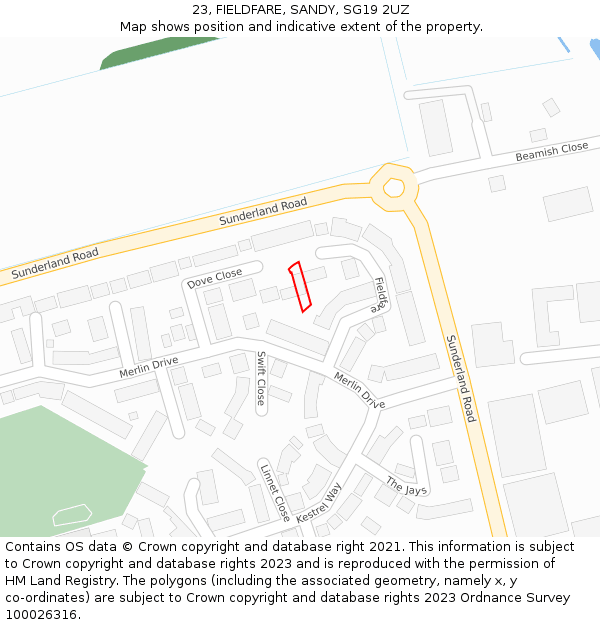 23, FIELDFARE, SANDY, SG19 2UZ: Location map and indicative extent of plot