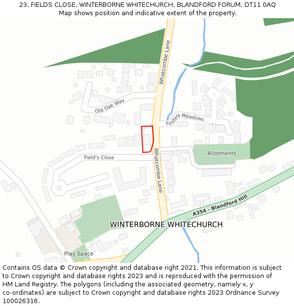 23, FIELDS CLOSE, WINTERBORNE WHITECHURCH, BLANDFORD FORUM, DT11 0AQ: Location map and indicative extent of plot