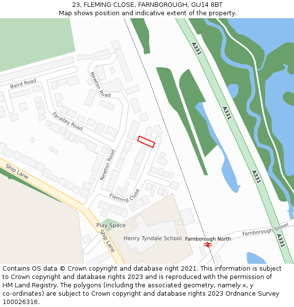 23, FLEMING CLOSE, FARNBOROUGH, GU14 8BT: Location map and indicative extent of plot