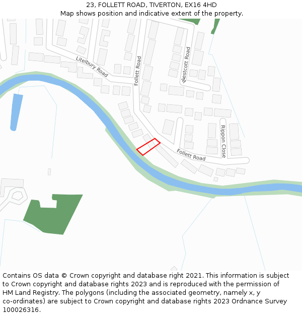 23, FOLLETT ROAD, TIVERTON, EX16 4HD: Location map and indicative extent of plot