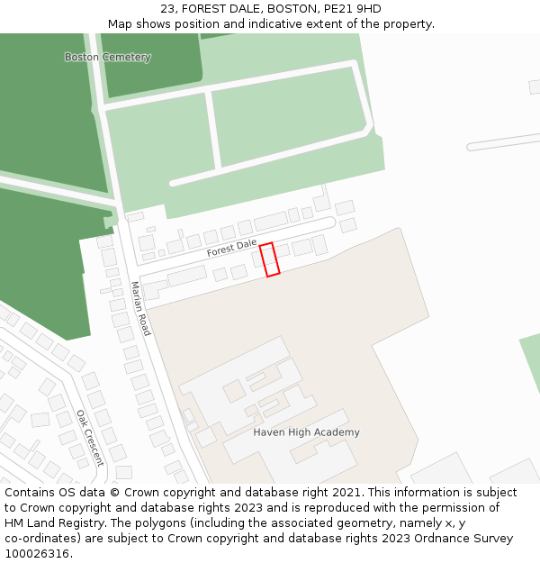 23, FOREST DALE, BOSTON, PE21 9HD: Location map and indicative extent of plot