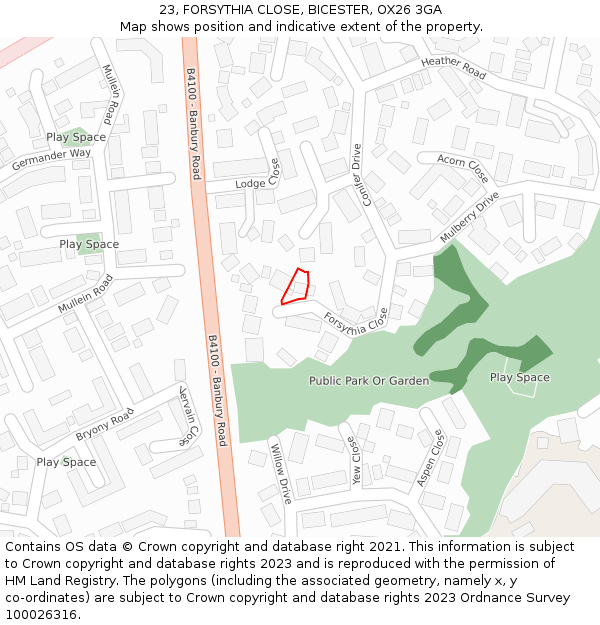 23, FORSYTHIA CLOSE, BICESTER, OX26 3GA: Location map and indicative extent of plot