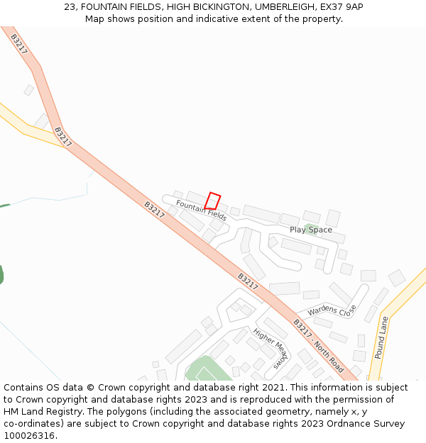 23, FOUNTAIN FIELDS, HIGH BICKINGTON, UMBERLEIGH, EX37 9AP: Location map and indicative extent of plot