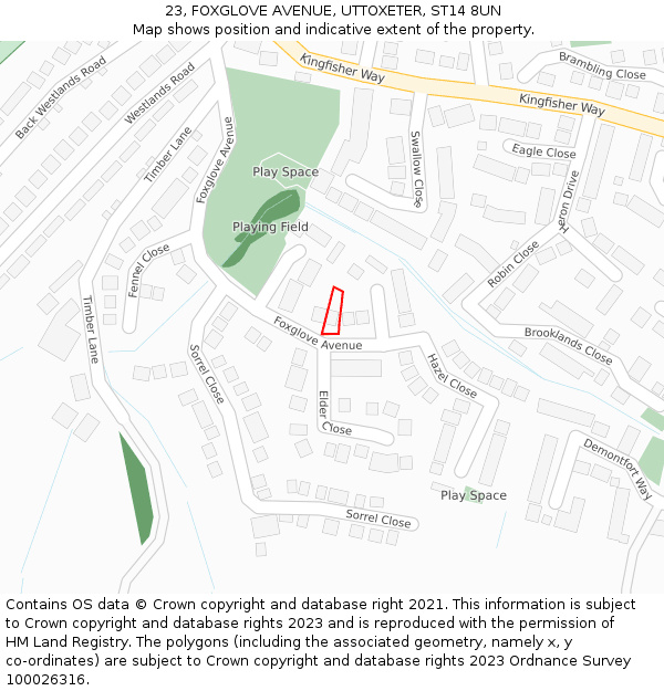 23, FOXGLOVE AVENUE, UTTOXETER, ST14 8UN: Location map and indicative extent of plot