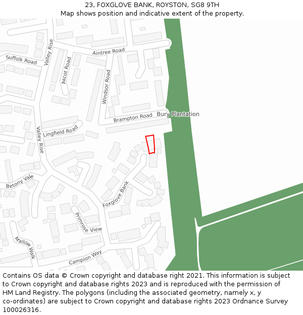 23, FOXGLOVE BANK, ROYSTON, SG8 9TH: Location map and indicative extent of plot