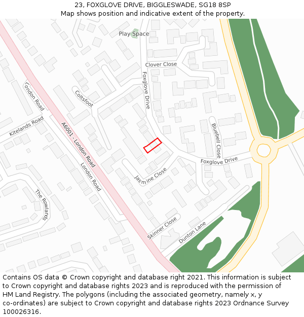 23, FOXGLOVE DRIVE, BIGGLESWADE, SG18 8SP: Location map and indicative extent of plot