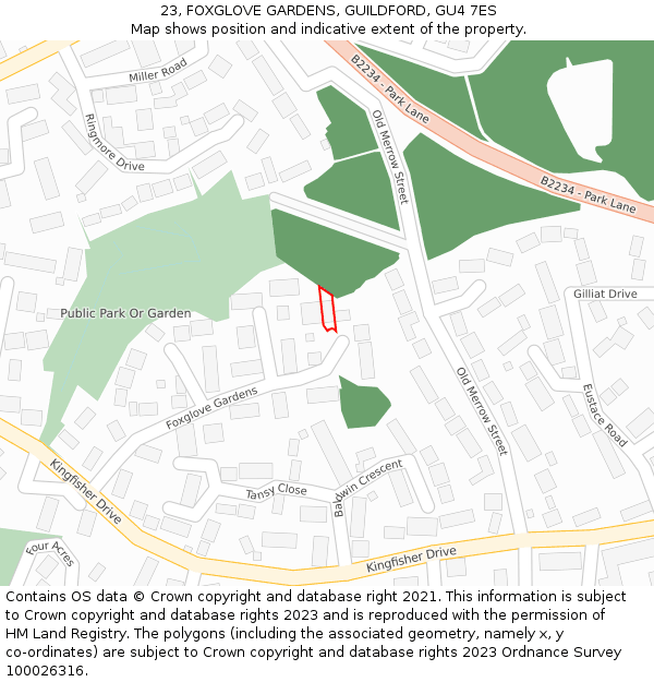 23, FOXGLOVE GARDENS, GUILDFORD, GU4 7ES: Location map and indicative extent of plot