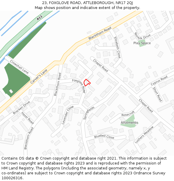 23, FOXGLOVE ROAD, ATTLEBOROUGH, NR17 2QJ: Location map and indicative extent of plot