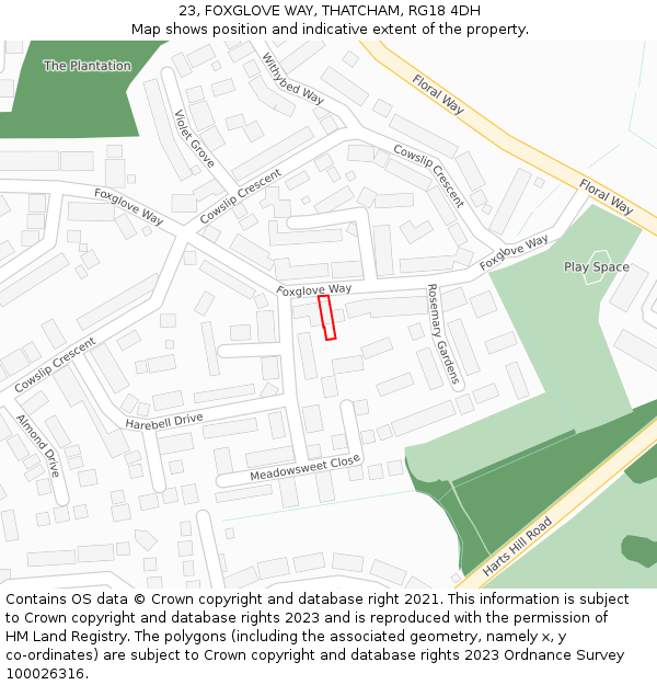 23, FOXGLOVE WAY, THATCHAM, RG18 4DH: Location map and indicative extent of plot