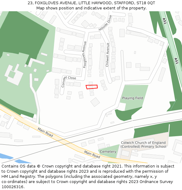 23, FOXGLOVES AVENUE, LITTLE HAYWOOD, STAFFORD, ST18 0QT: Location map and indicative extent of plot