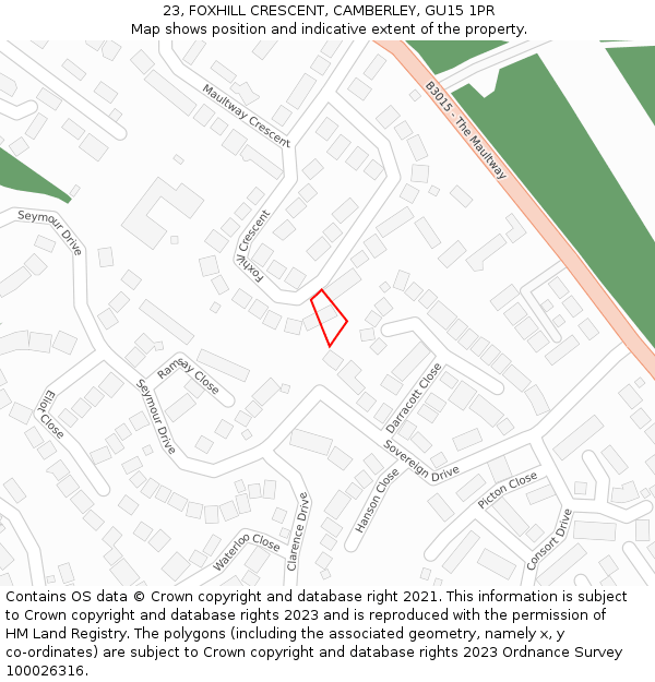 23, FOXHILL CRESCENT, CAMBERLEY, GU15 1PR: Location map and indicative extent of plot