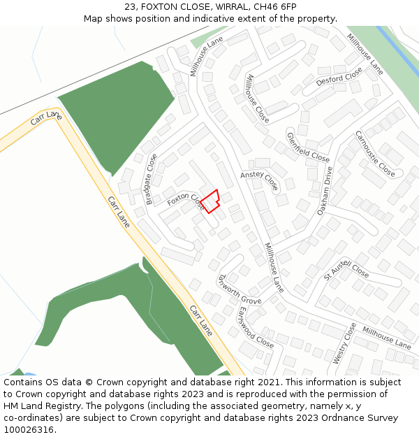 23, FOXTON CLOSE, WIRRAL, CH46 6FP: Location map and indicative extent of plot