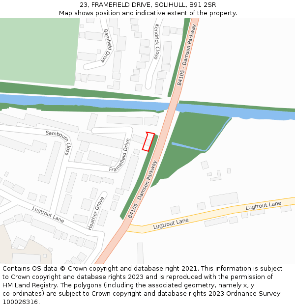 23, FRAMEFIELD DRIVE, SOLIHULL, B91 2SR: Location map and indicative extent of plot