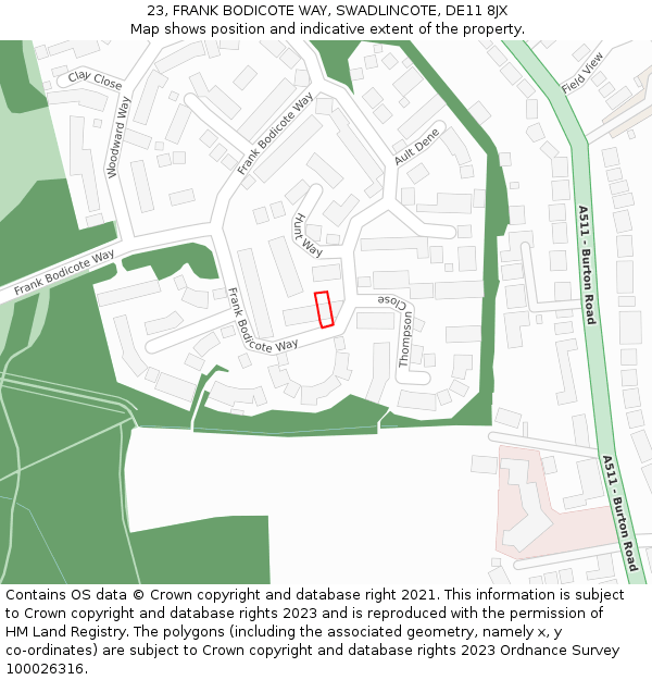 23, FRANK BODICOTE WAY, SWADLINCOTE, DE11 8JX: Location map and indicative extent of plot