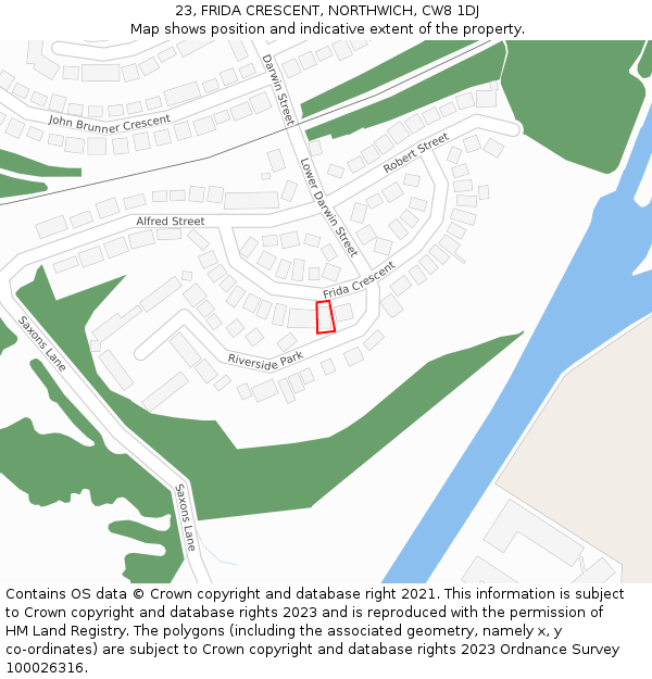 23, FRIDA CRESCENT, NORTHWICH, CW8 1DJ: Location map and indicative extent of plot