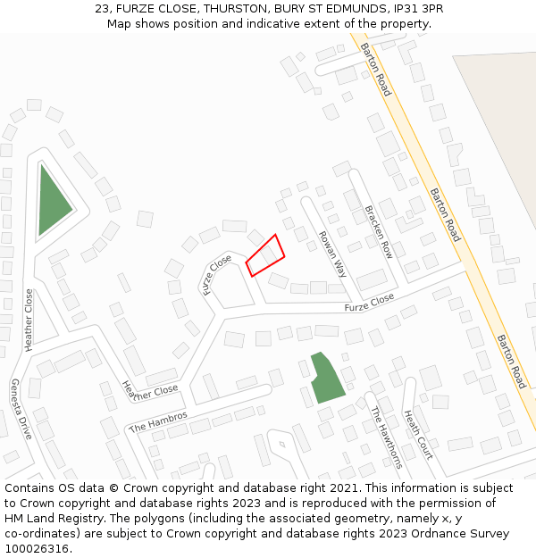 23, FURZE CLOSE, THURSTON, BURY ST EDMUNDS, IP31 3PR: Location map and indicative extent of plot