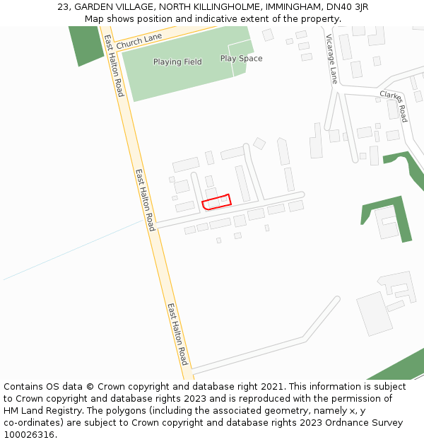 23, GARDEN VILLAGE, NORTH KILLINGHOLME, IMMINGHAM, DN40 3JR: Location map and indicative extent of plot