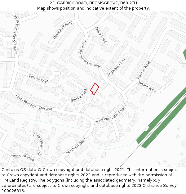 23, GARRICK ROAD, BROMSGROVE, B60 2TH: Location map and indicative extent of plot