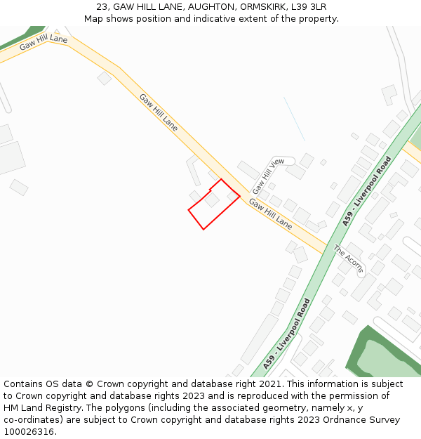 23, GAW HILL LANE, AUGHTON, ORMSKIRK, L39 3LR: Location map and indicative extent of plot