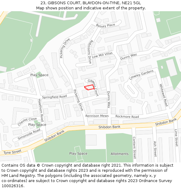 23, GIBSONS COURT, BLAYDON-ON-TYNE, NE21 5GL: Location map and indicative extent of plot