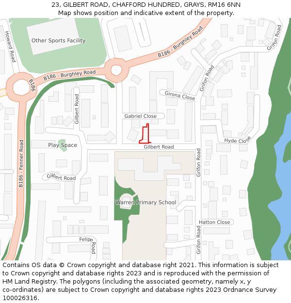 23, GILBERT ROAD, CHAFFORD HUNDRED, GRAYS, RM16 6NN: Location map and indicative extent of plot