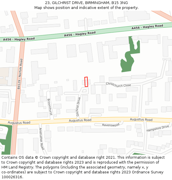 23, GILCHRIST DRIVE, BIRMINGHAM, B15 3NG: Location map and indicative extent of plot