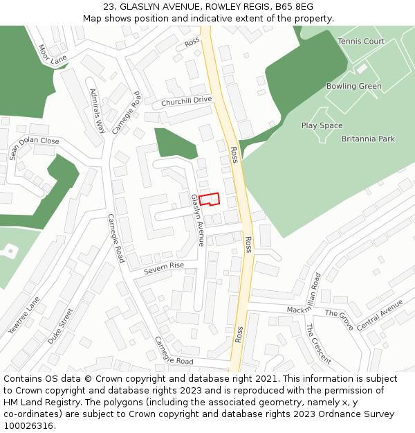 23, GLASLYN AVENUE, ROWLEY REGIS, B65 8EG: Location map and indicative extent of plot