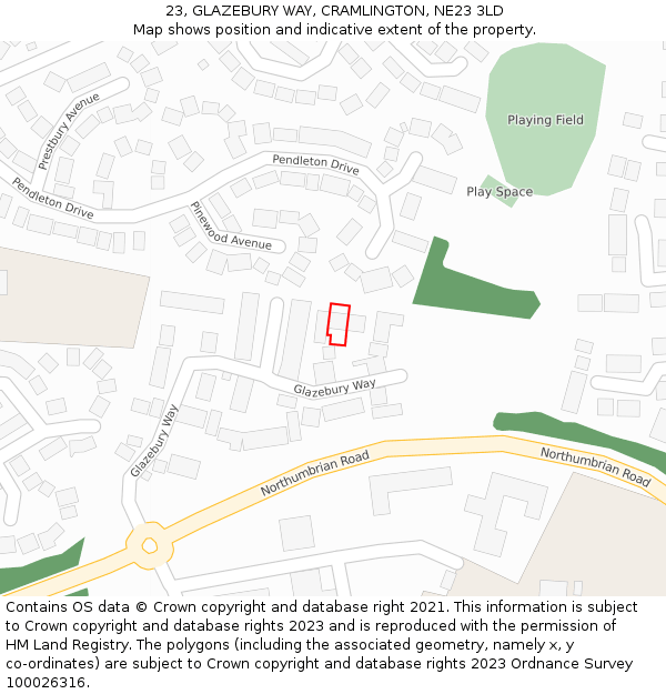 23, GLAZEBURY WAY, CRAMLINGTON, NE23 3LD: Location map and indicative extent of plot