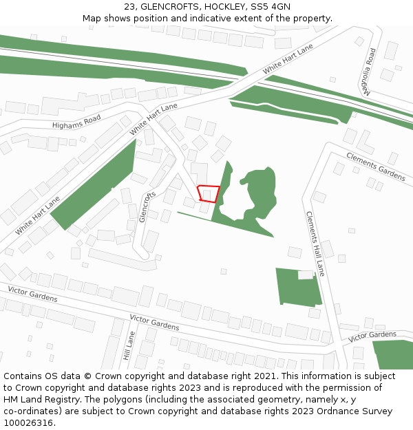 23, GLENCROFTS, HOCKLEY, SS5 4GN: Location map and indicative extent of plot