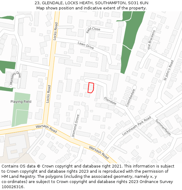 23, GLENDALE, LOCKS HEATH, SOUTHAMPTON, SO31 6UN: Location map and indicative extent of plot