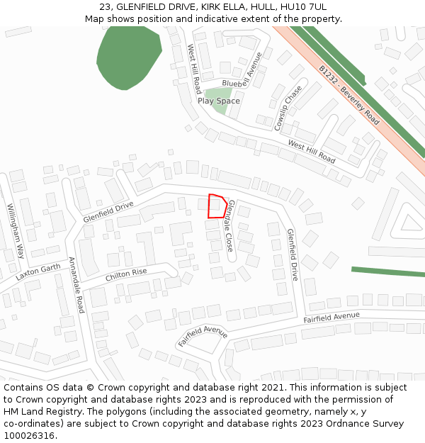 23, GLENFIELD DRIVE, KIRK ELLA, HULL, HU10 7UL: Location map and indicative extent of plot