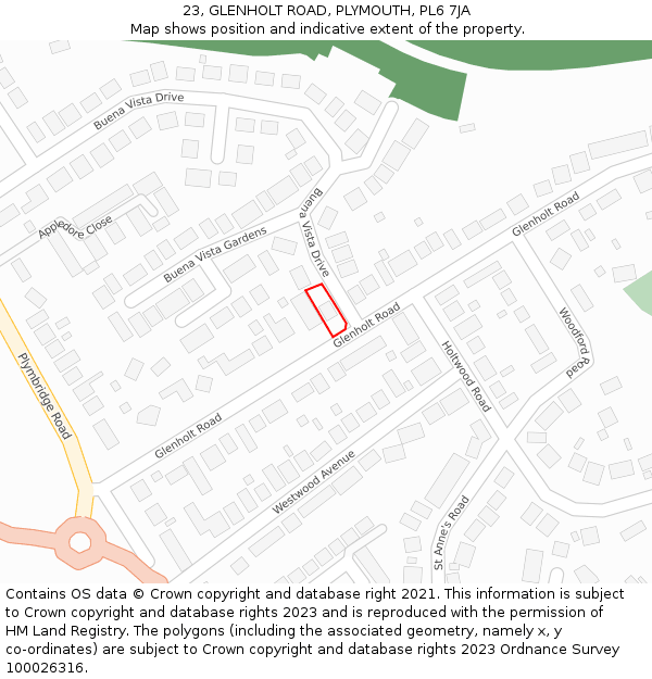 23, GLENHOLT ROAD, PLYMOUTH, PL6 7JA: Location map and indicative extent of plot