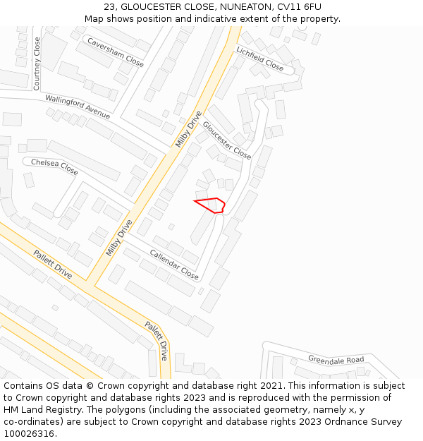23, GLOUCESTER CLOSE, NUNEATON, CV11 6FU: Location map and indicative extent of plot