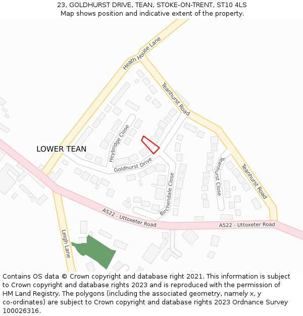 23, GOLDHURST DRIVE, TEAN, STOKE-ON-TRENT, ST10 4LS: Location map and indicative extent of plot